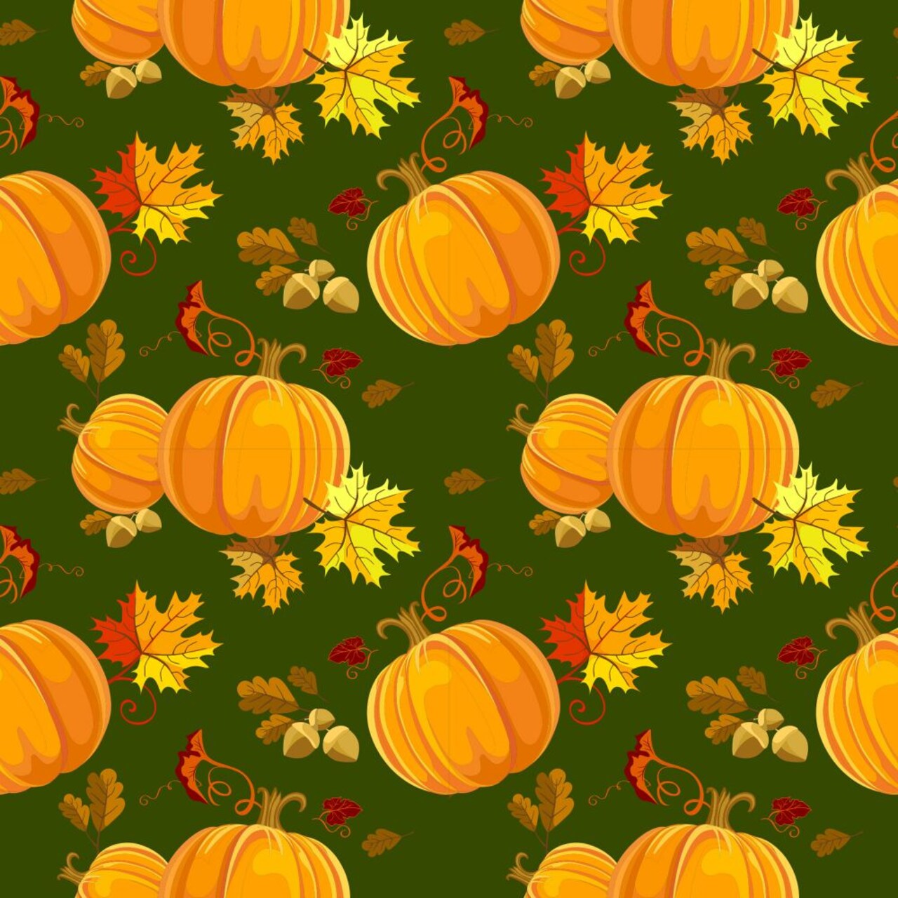 Fall Autumn Thanksgiving Pumpkins and Leaves on Dark Green 100% Cotton Fabric